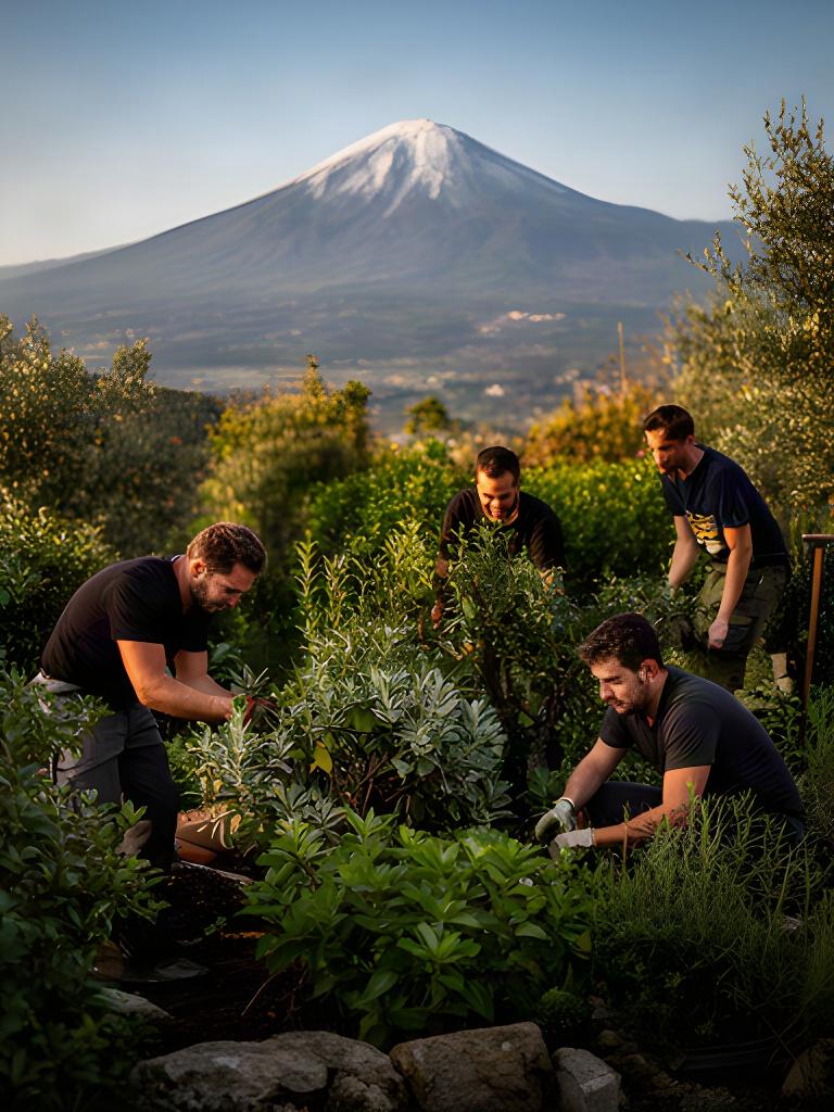 Professionisti al lavoro in un giardino rigoglioso di Troina, con l'Etna visibile sullo sfondo