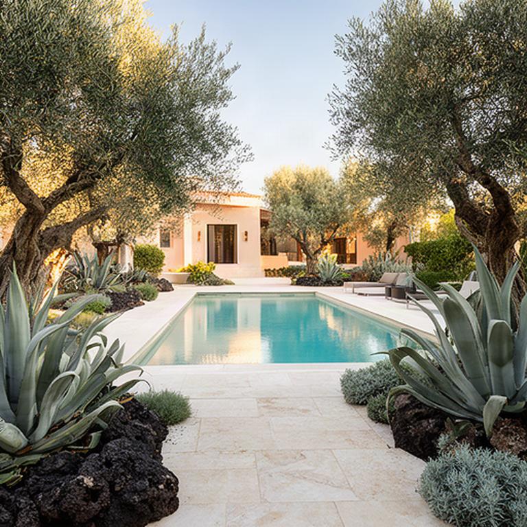 Villa con piscina a Catania, circondata da agavi, ulivi e pavimentazione in pietra