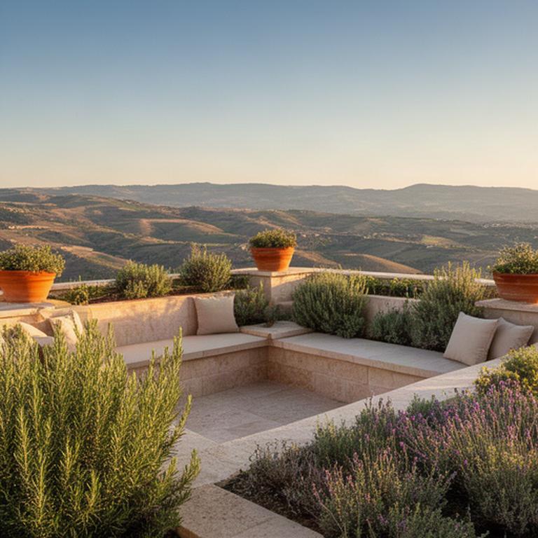 Terrazza mediterranea a Troina con sedute in pietra, piante aromatiche e vista sulle colline siciliane