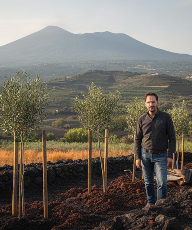 Fondatore di Belvedere Progetto in un cantiere storico sulle colline dell'Etna, accanto a giovani alberi mediterranei