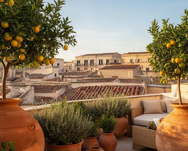 Terrazza urbana con vasi in terracotta, agrumi e vista sui tetti siciliani