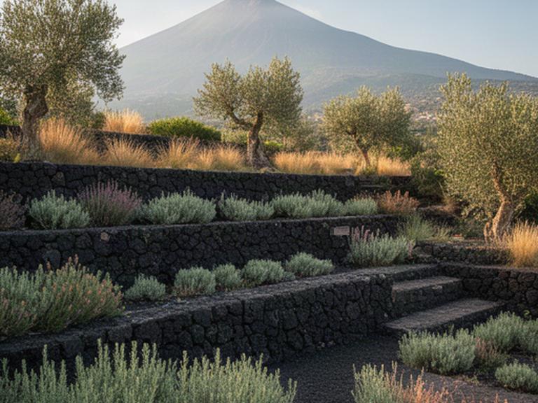 Giardino mediterraneo terrazzato ai piedi dell'Etna con muri in pietra lavica e piante aromatiche