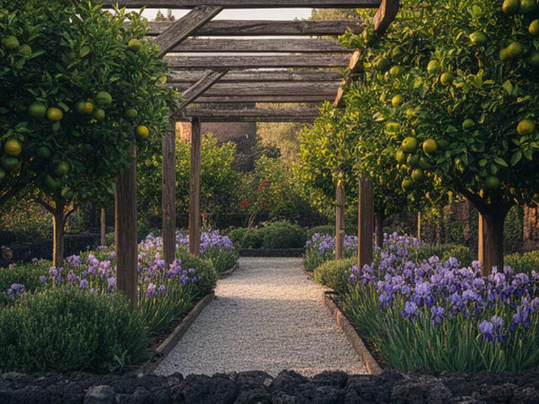 Giardino storico restaurato ai piedi dell'Etna con agrumi, pergolato e basamento in pietra
