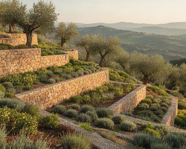 Giardino terrazzato sulle colline siciliane con muretti in pietra, piante mediterranee e luce del mattino
