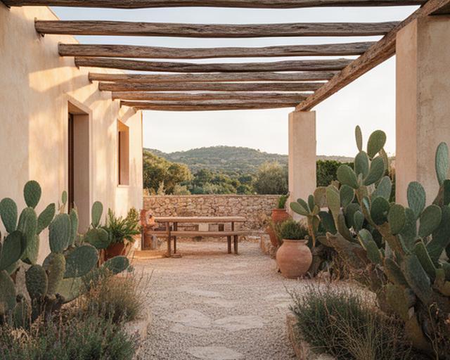 Corte di una masseria siciliana con pergola in legno, ghiaia chiara e fichi d'India