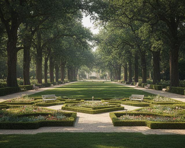 Parco di Villa Sofia con viale alberato, prato ombreggiato e aiuole geometriche