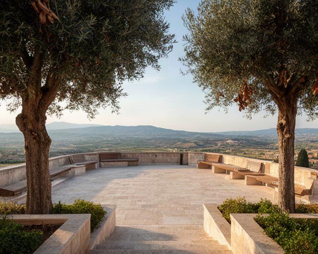Piazza del Belvedere con alberi di carrubo, panchine e pavimentazione in pietra locale