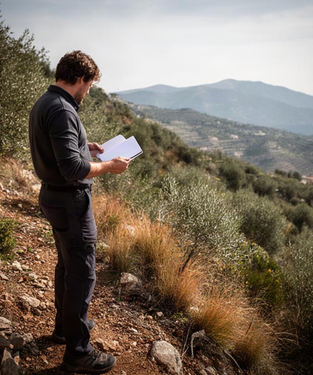 Professionista che osserva un terreno in pendenza vicino a Troina con taccuino e vegetazione mediterranea