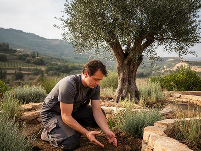 Professionista del verde che esamina il terreno di un giardino siciliano accanto a un ulivo