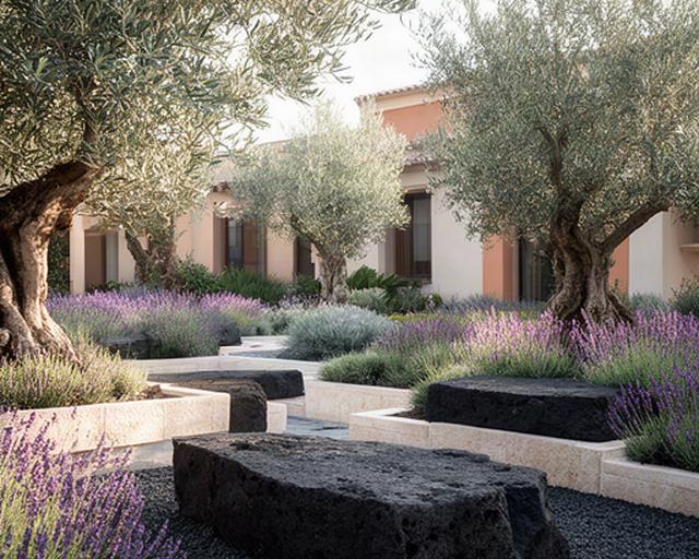 Cortile della Residenza Etnea con ulivi, lavanda e sedute in pietra vulcanica