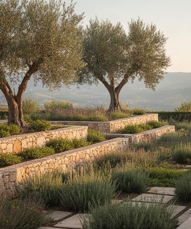 Giardino mediterraneo terrazzato sulle colline di Troina con ulivi, pietra locale e aiuole ordinate