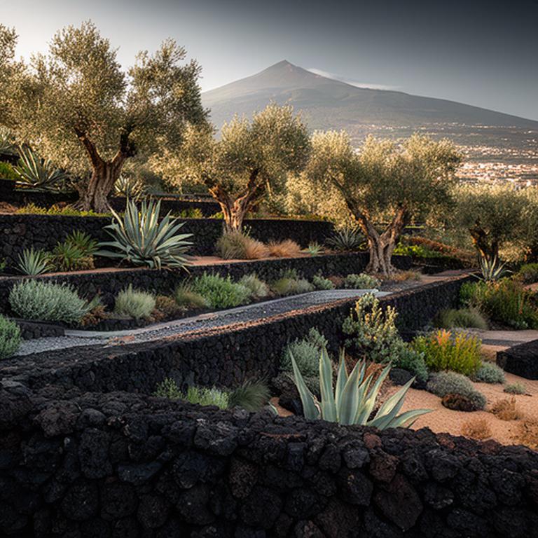 Giardino mediterraneo terrazzato sulle pendici dell'Etna, con ulivi, agavi e pietra lavica